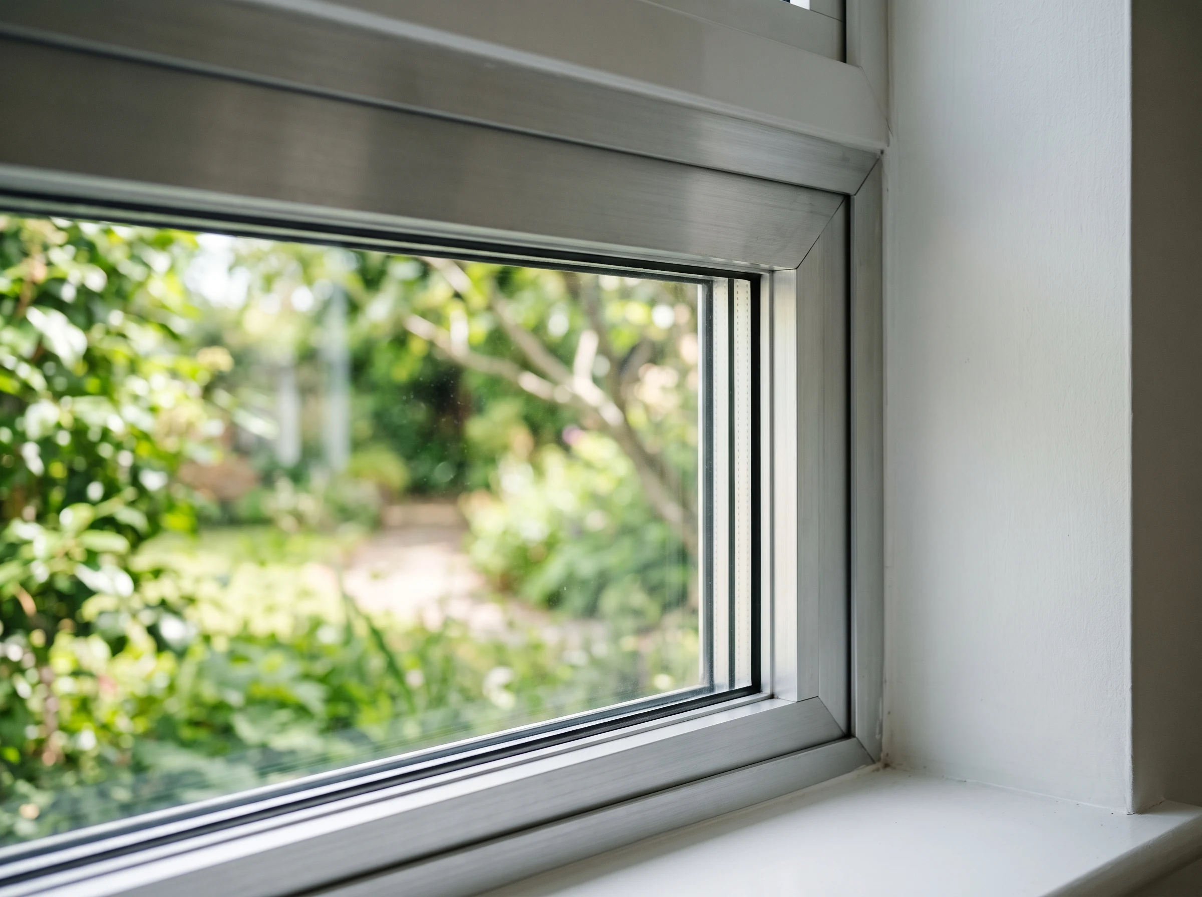 Close-up of an aluminum window frame corner joint against a blurred garden background