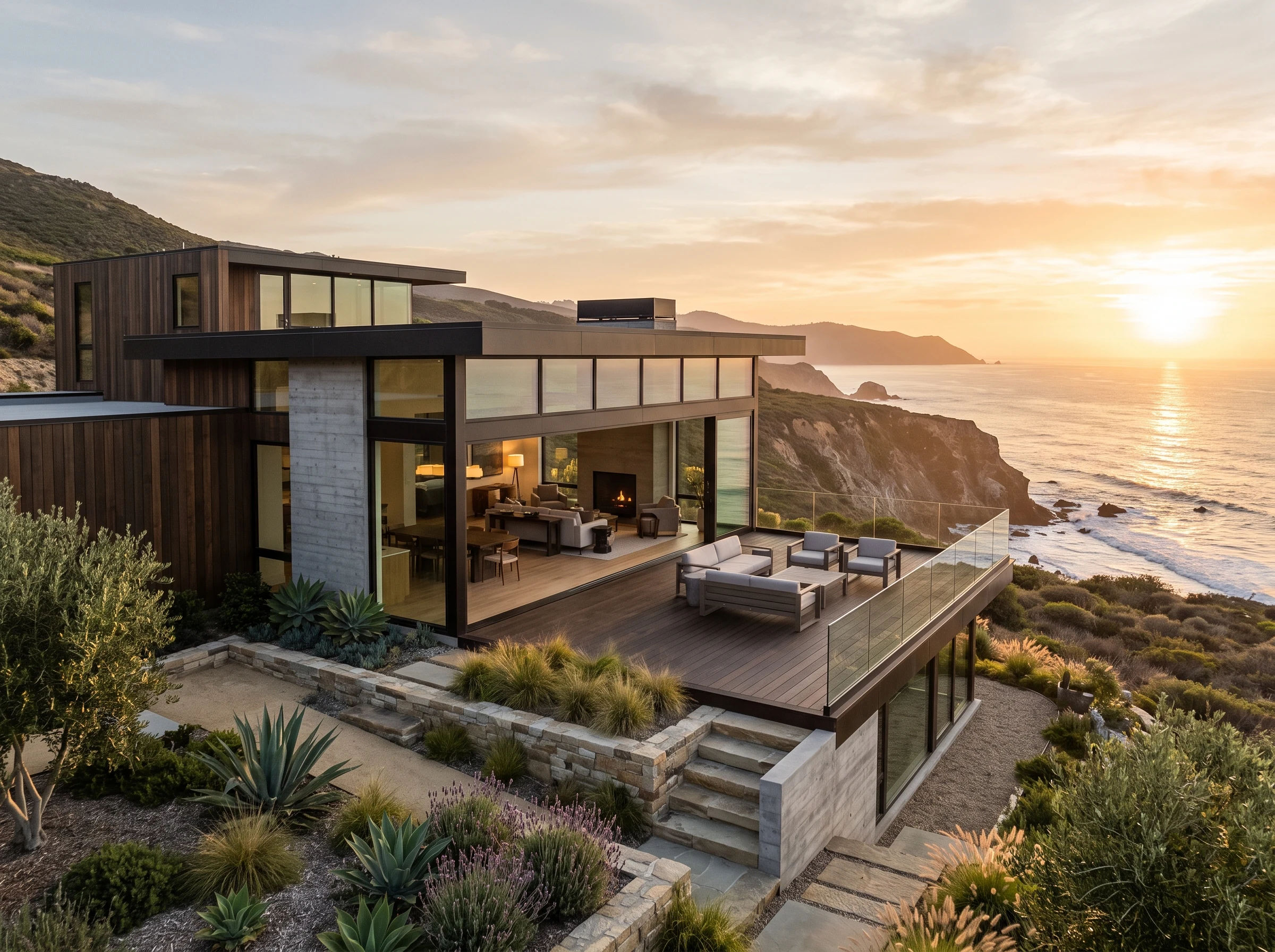 Modern cliffside home with a glass wall opening onto a wood deck at sunset, sun reflecting across the ocean