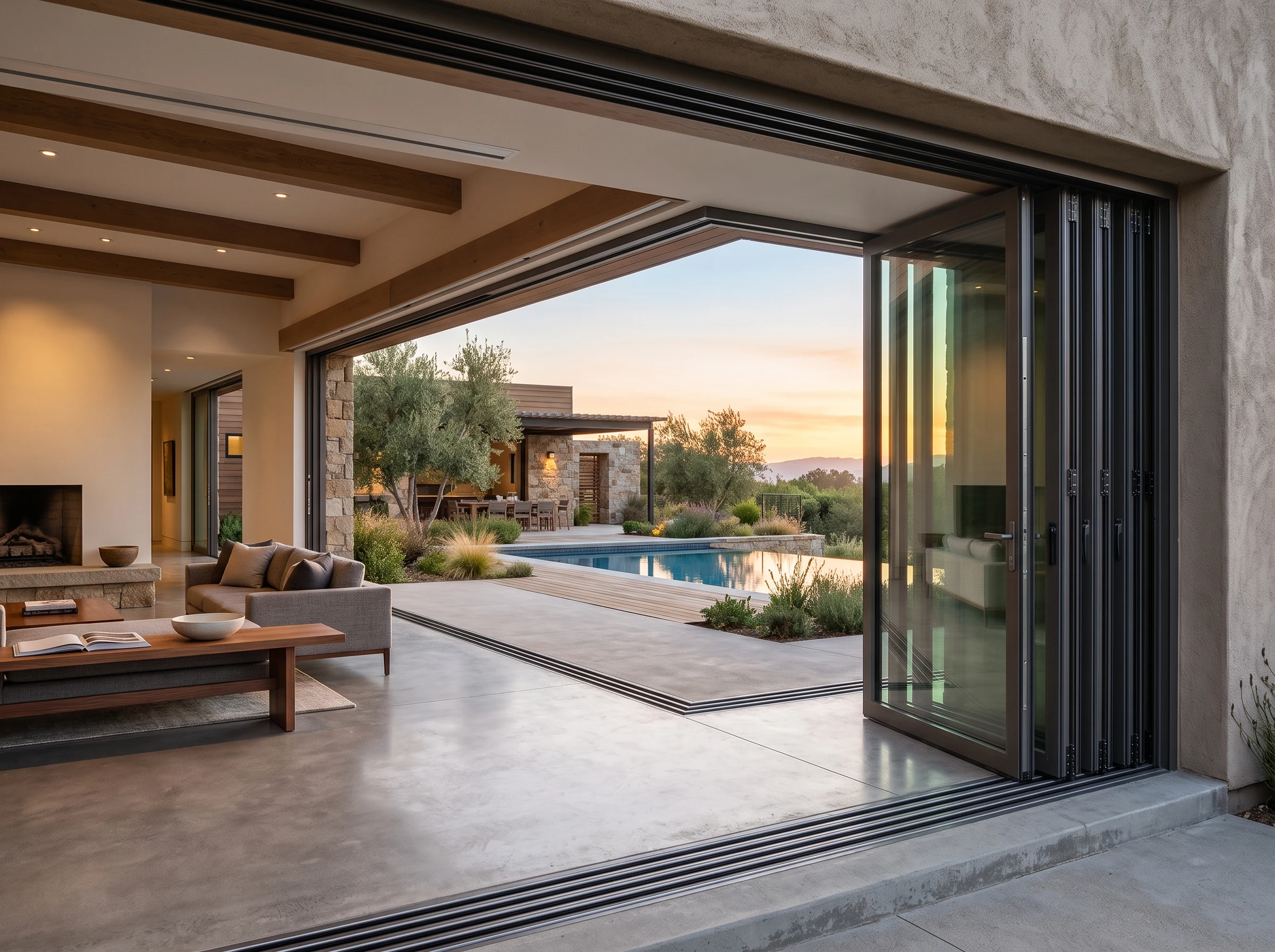 A fully open multi-panel lift-and-slide door system connecting an indoor living space to an outdoor pool terrace at dusk