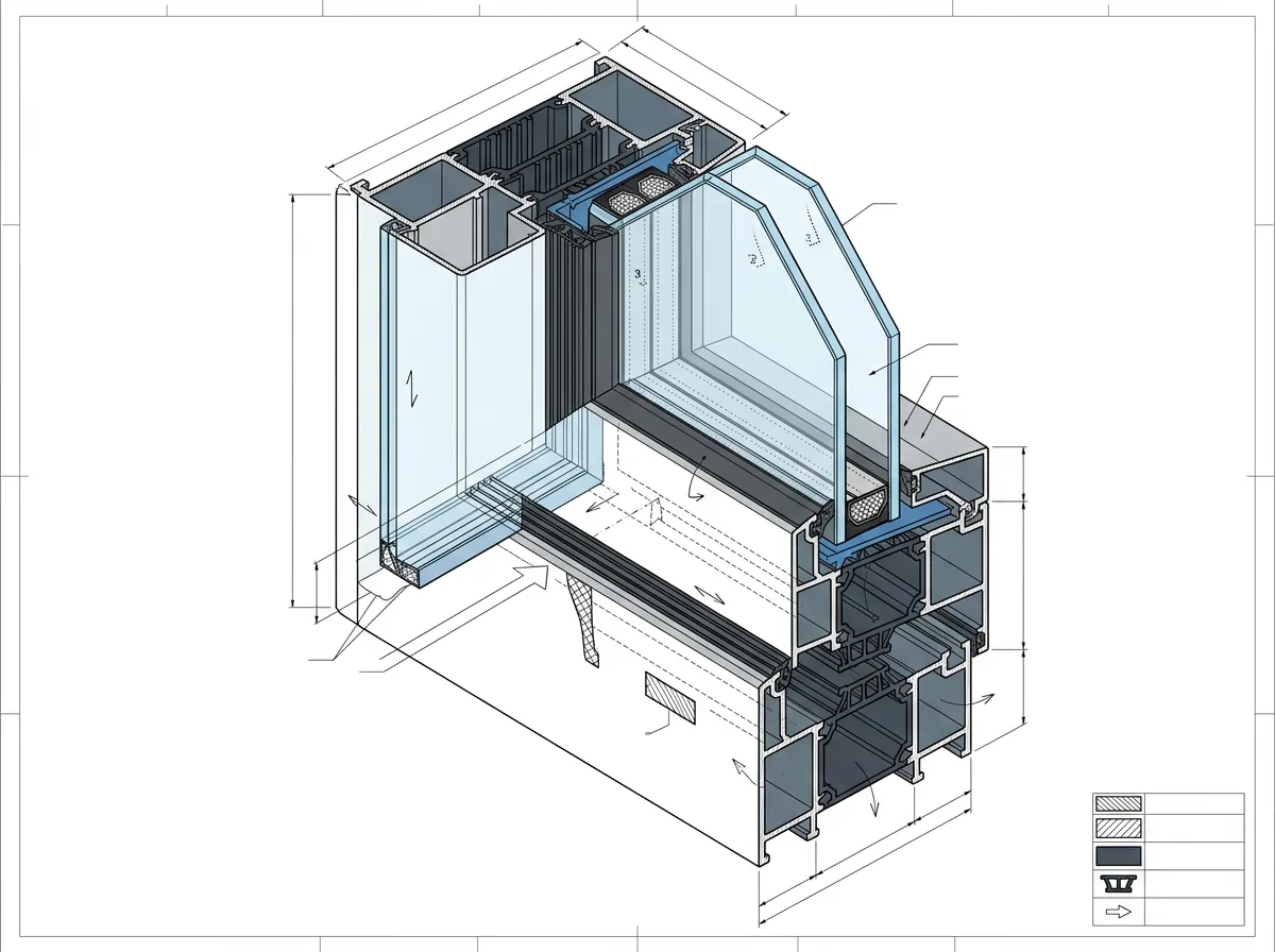 Second isometric section of a thermally broken frame, showing the glazing pocket and drainage path