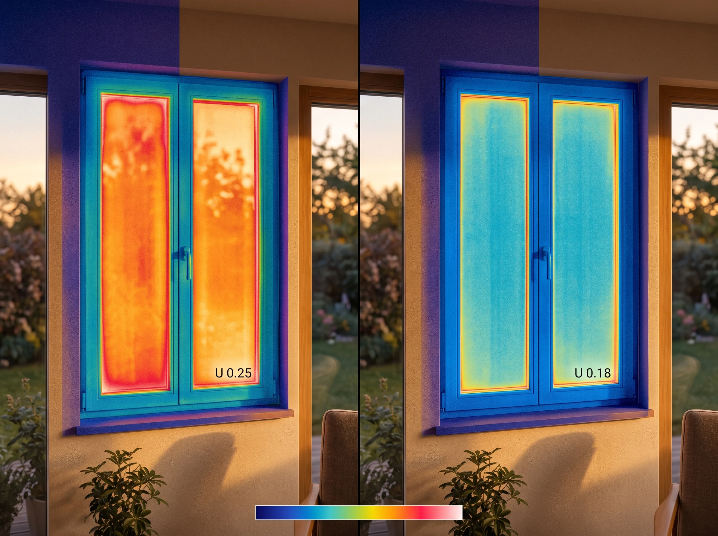 Thermal-imaging-style comparison of double-glazed versus triple-glazed windows in the same room, showing less heat bleed-through on the triple-glazed side