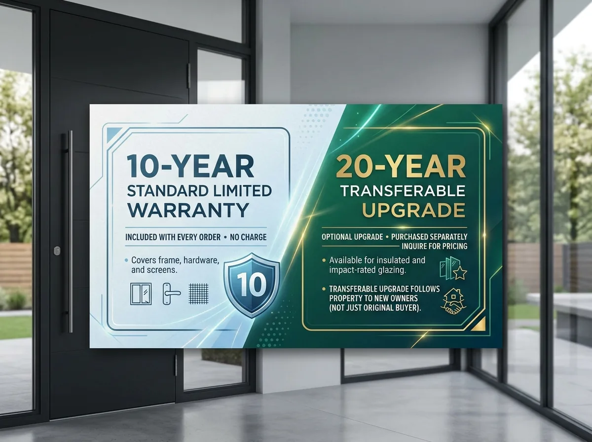 Warranty summary card showing ten-year standard cover and the optional twenty-year transferable upgrade