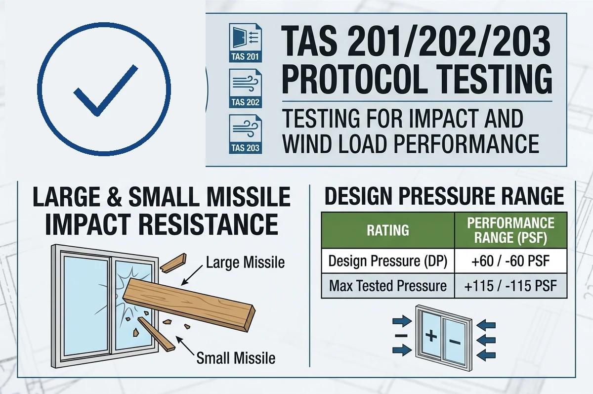 Certification summary showing TAS 201, 202 and 203 test protocols and the design pressure range from +60/-60 to +115/-115 PSF