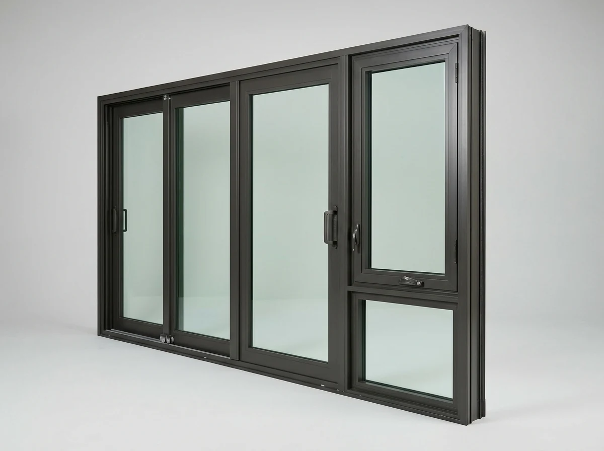 Aluminium slider combined with an awning window and fixed lite, photographed against a plain studio background
