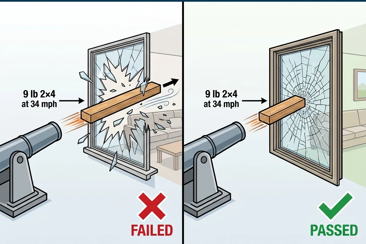 Diagram comparing a standard window penetrated by a launched 2×4 against an impact window that cracks but holds it