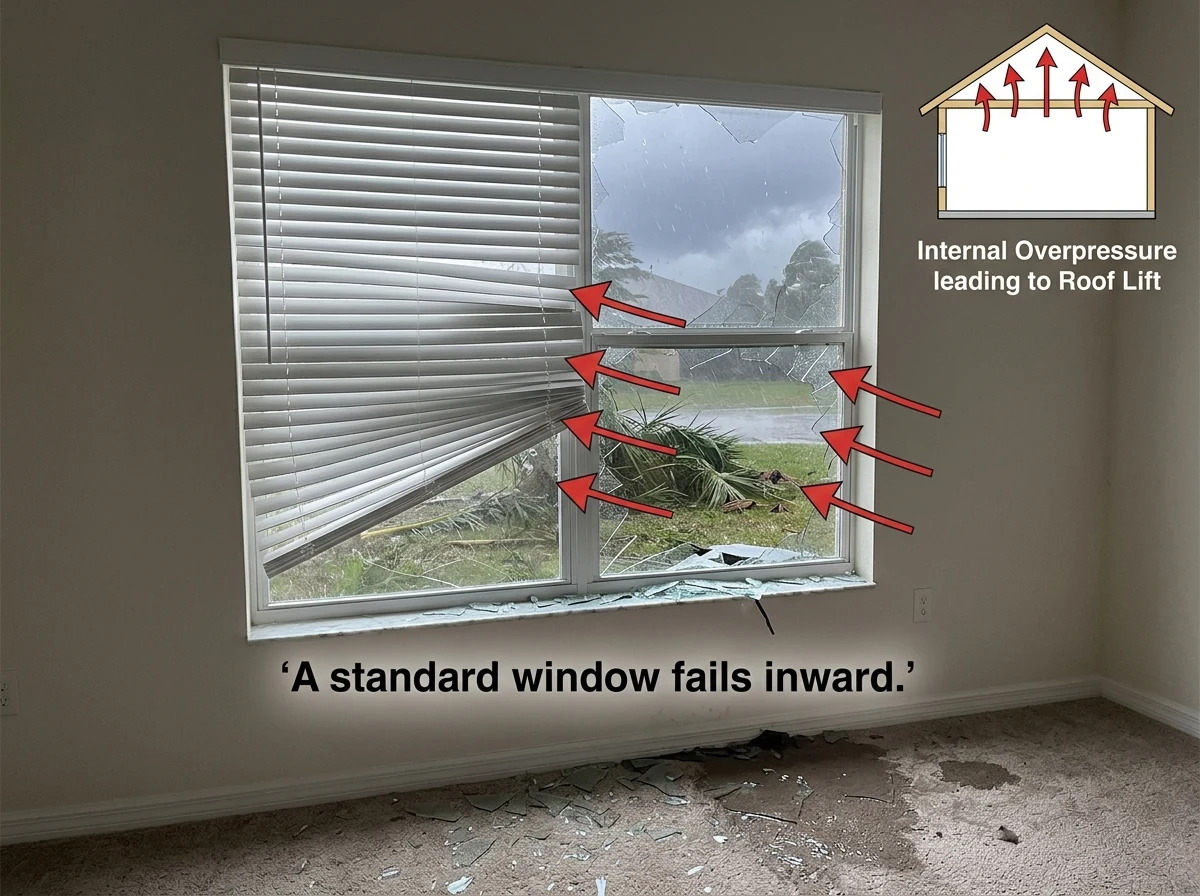 A failed non-impact window with glass across the floor, and an inset diagram showing internal overpressure lifting a roof