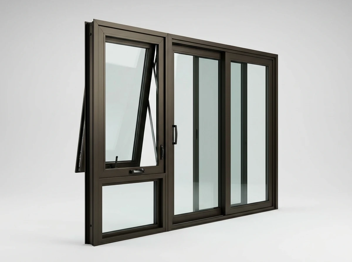 Awning window shown open beside fixed panels, photographed against a plain studio background