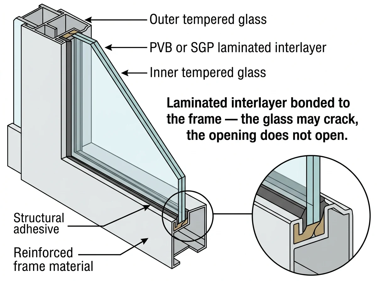Section detail showing the laminated interlayer structurally bonded into a reinforced frame, with a magnified view of the bond