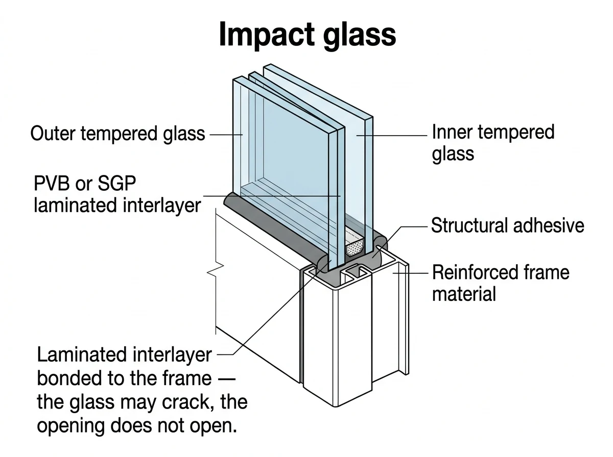 Labelled section through an impact glazing unit: outer tempered glass, PVB or SGP laminated interlayer, inner tempered glass