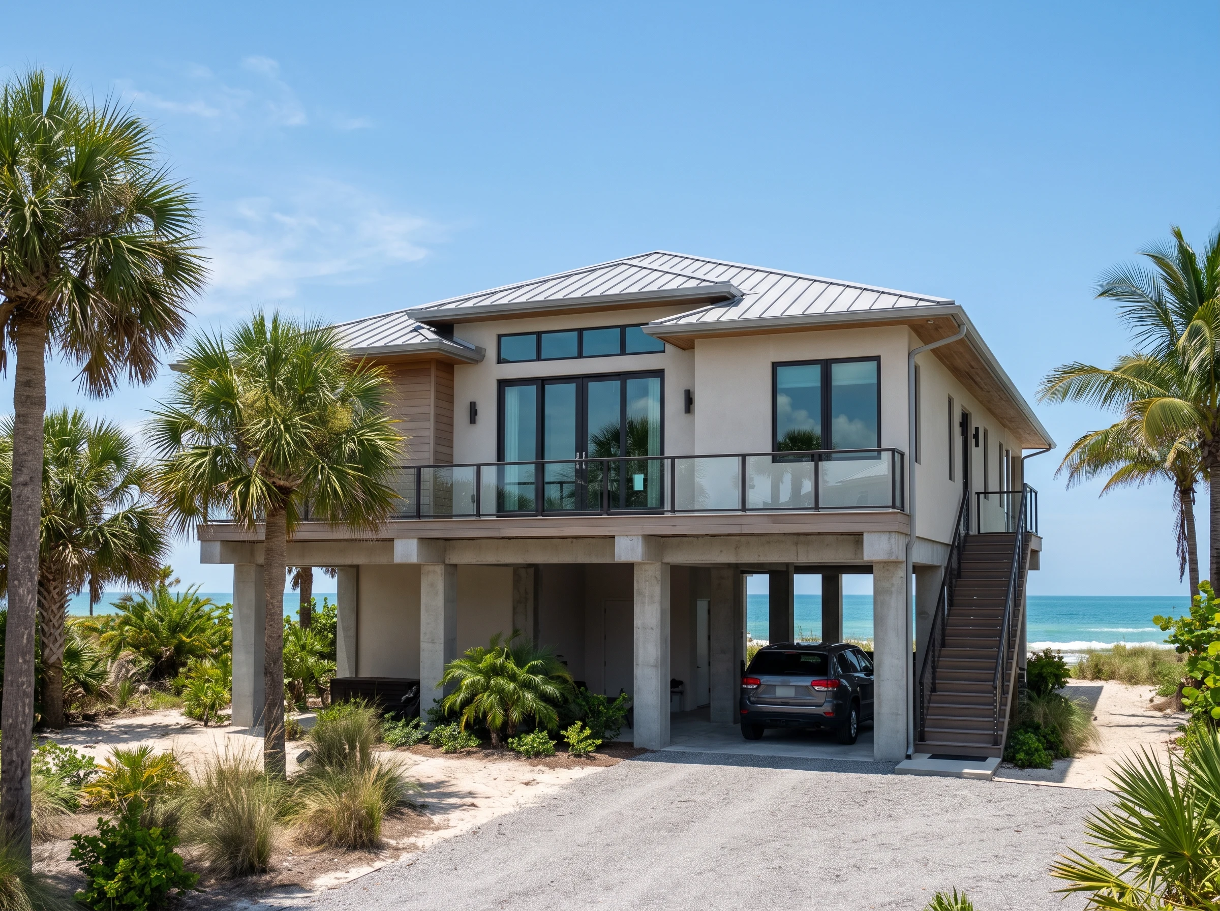 Coastal home elevated on pilings with impact-rated windows and glass doors, palm trees and ocean in the background