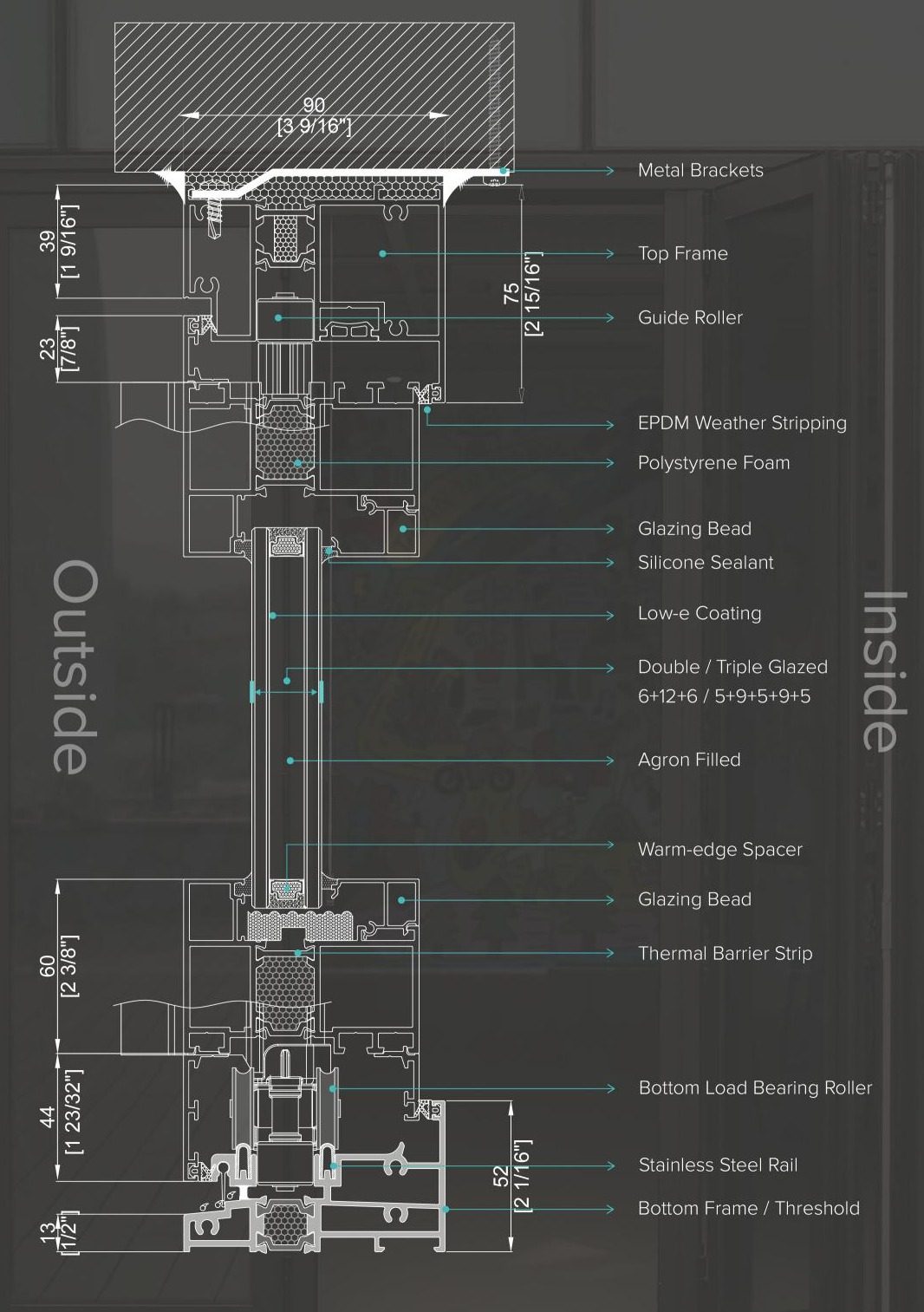 Signature Bi-Fold Door 90 — Perfil y sección del marco