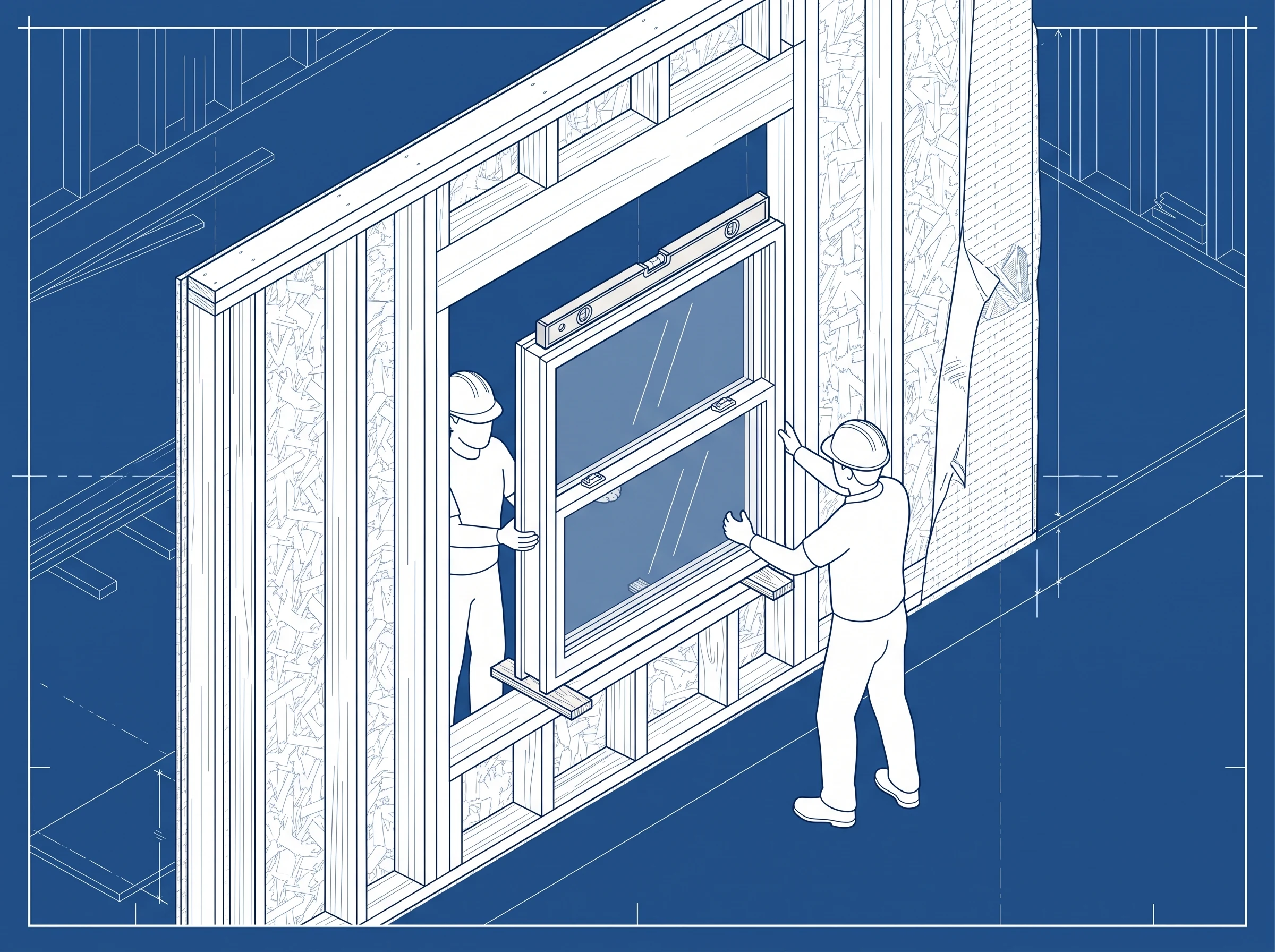 Technical illustration of a window being set into a rough opening during construction