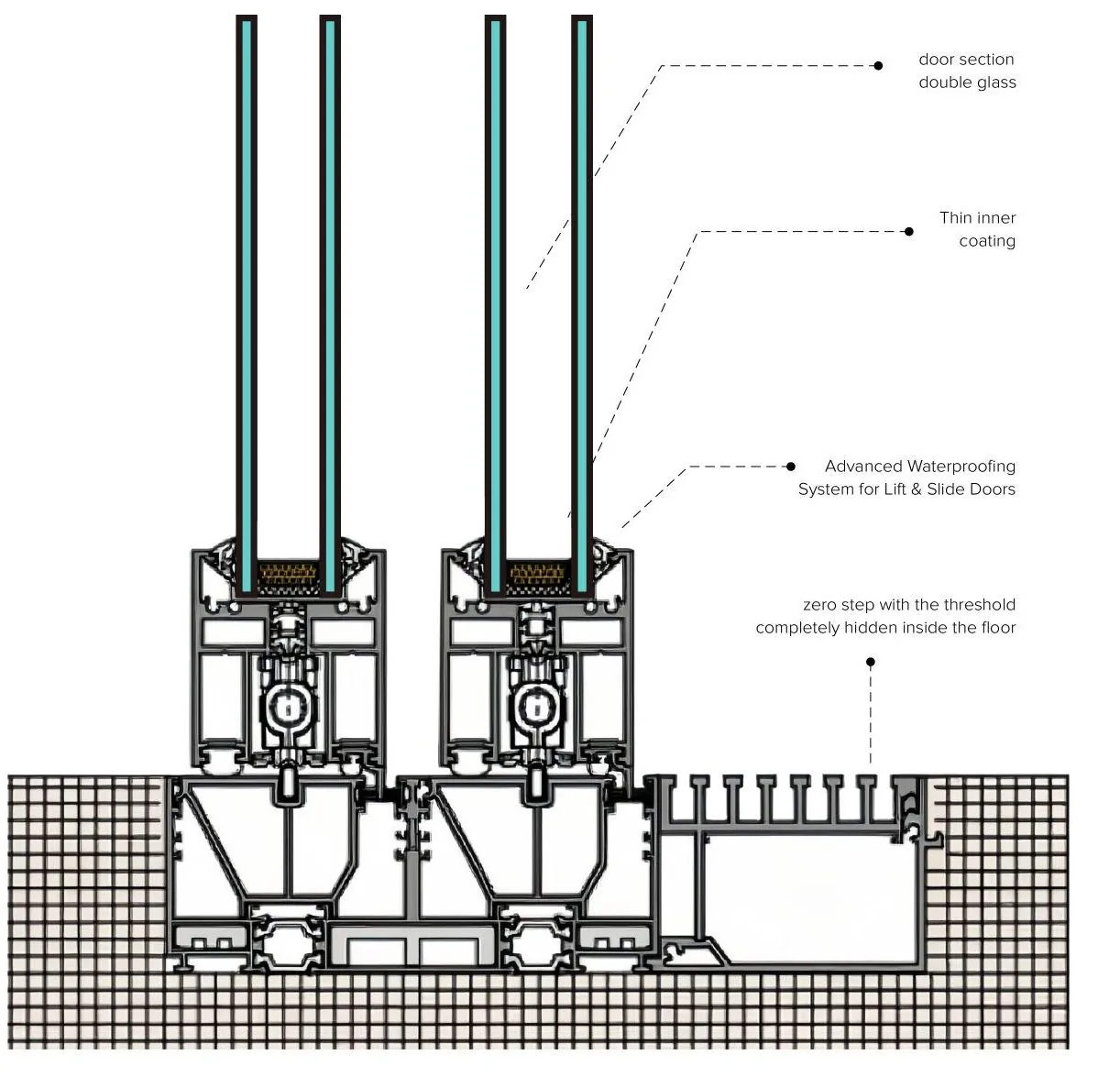 Technical cross-section drawing of an aluminum frame profile