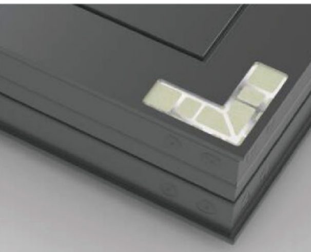Cutaway detail of a welded aluminum frame corner with the reinforced joint exposed