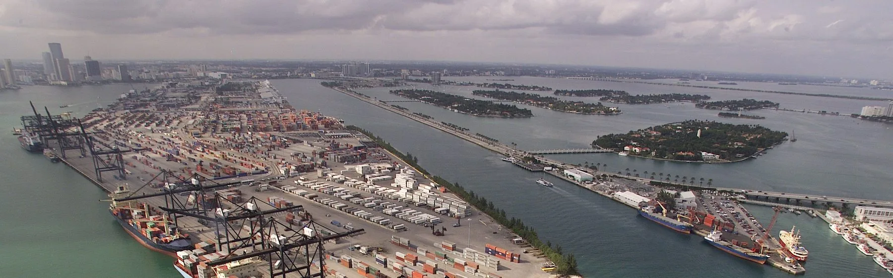 Aerial view of a container terminal and gantry cranes at a US port
